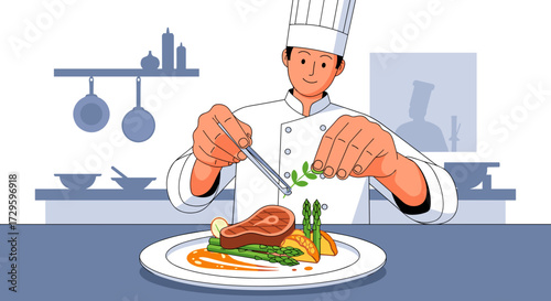 Professional male chef in uniform carefully plating a gourmet steak dinner with asparagus and garnish in a restaurant kitchen. Vector illustration, svg.