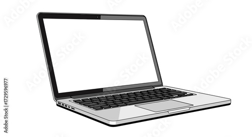 Modern sleek silver laptop computer with an open screen for digital work and communication, isolated on a transparent background vector illustration.