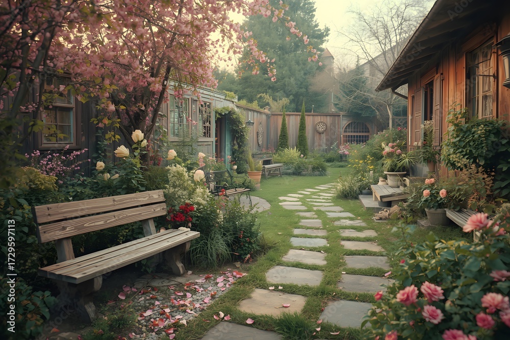 Obraz premium Garden View on a typical rustic garden ,pastel vintage