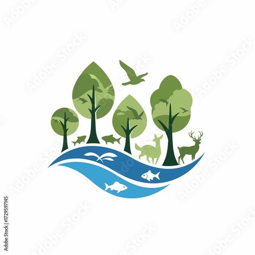 Illustration of a vibrant ecosystem with trees, water, fish, birds, and deer, symbolizing nature and conservation.
