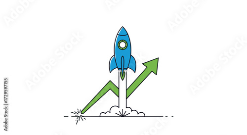 Blue rocket launching upwards, symbolizing rapid business growth, innovation, and startup success, vector illustration isolated on transparent background.