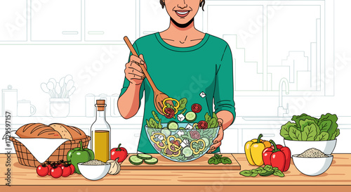 Smiling woman preparing a fresh, vibrant, healthy salad with colorful vegetables in a bright, modern kitchen setting, promoting good nutrition and wellness.