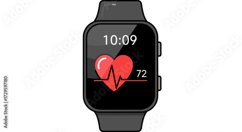 Smartwatch vector illustration with digital time, heart rate monitor, and ECG line. Health, fitness, wearable technology. SVG graphic.