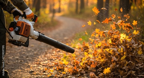 Person in protective gloves operating a powerful leaf blower to clear a path of vibrant autumn leaves during a beautiful golden hour in a park.