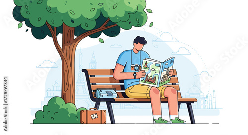 Young man traveler relaxing on a park bench, reading a map to plan his urban adventure, under a tree, an svg vector illustration on transparent background.
