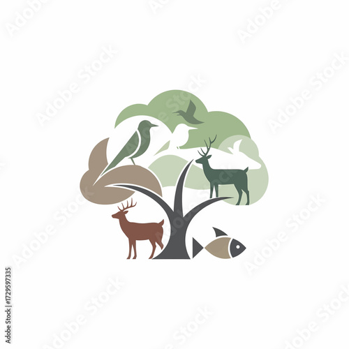 Stylized illustration of a tree with integrated wildlife including deer, birds, and a fish, symbolizing nature and ecosystem.