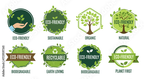Green eco-friendly sustainable organic badges, vector illustration for environment, products, svg, isolated on transparent background.