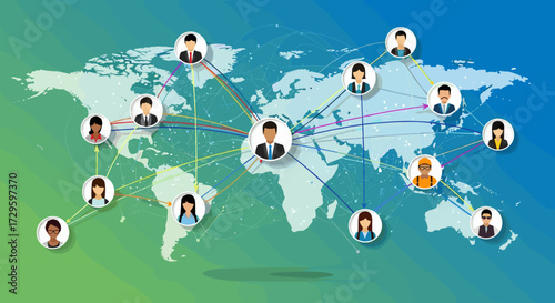 Diverse business avatars connected globally on world map, depicting international communication, networking, collaboration, and social media. Vector illustration.