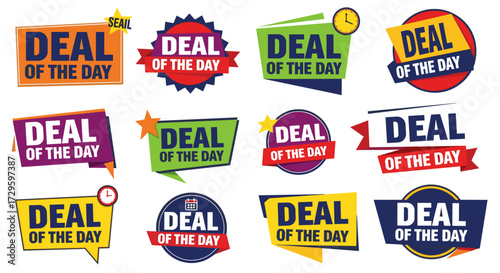 Colorful "Deal of the Day" vector illustration badge and label set for e-commerce promotions, sales, and online marketing, isolated on transparent background.