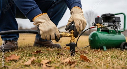 Man in work gloves connecting air compressor hose to outdoor sprinkler system for winterization on a grassy lawn with fallen leaves.