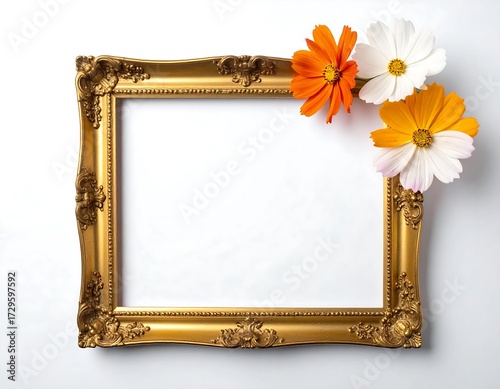 Gold Frame with Flowers on White Background Decorative Design