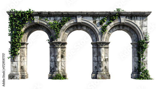 Aged stone archway with overgrown ivy