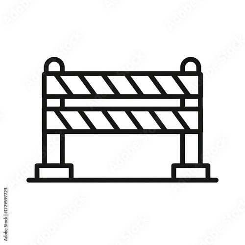 Simple line drawing of a construction barricade.  A  horizontal barrier with diagonal stripes, supported by posts