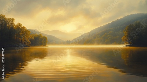 Misty sunrise over calm lake, mountain backdrop; serene nature scene