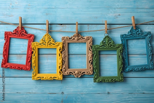 Five empty photo frames hanging with clothespins.