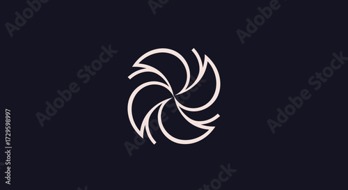 Abstract circular swirl logo with six curved blades.
