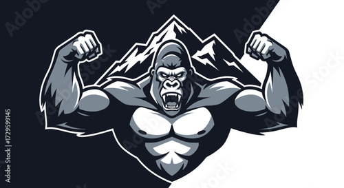 Powerful Gorilla Flexing Muscles Showing Strength.