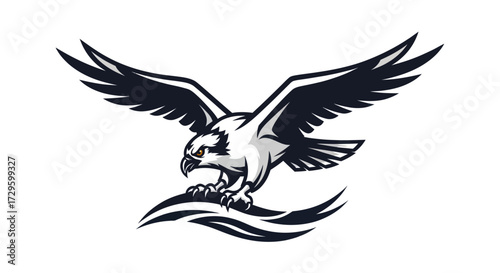 Stylized Eagle with Wings Spread Wide Landing on Waves.