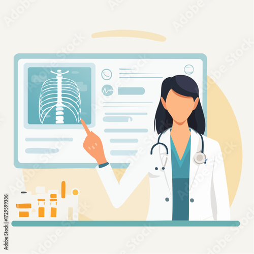 Female doctor in lab coat pointing at a digital X-ray of a human rib cage on a screen, with medical supplies.