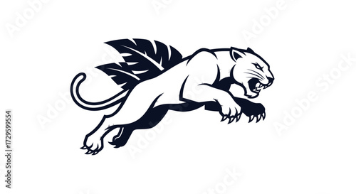 Powerful winged panther leaping forward in black and white.