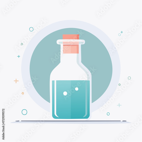 Illustration of a potion bottle with blue liquid and a cork stopper against a light background.