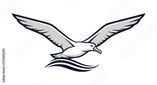 Seagull soaring above waves wings spread wide in monochrome illustration.