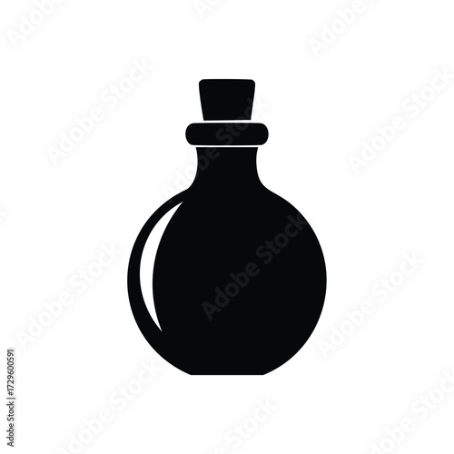 Black silhouette of a bulbous potion bottle with cork Keywords: potion bottle, silhouette, black