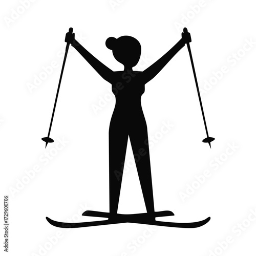 Black silhouette of a female skier with arms raised Keywords: skier, skiing, winter, sport