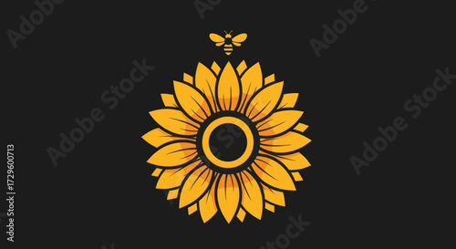 Stylized golden sunflower illustration with a small bee hovering above.