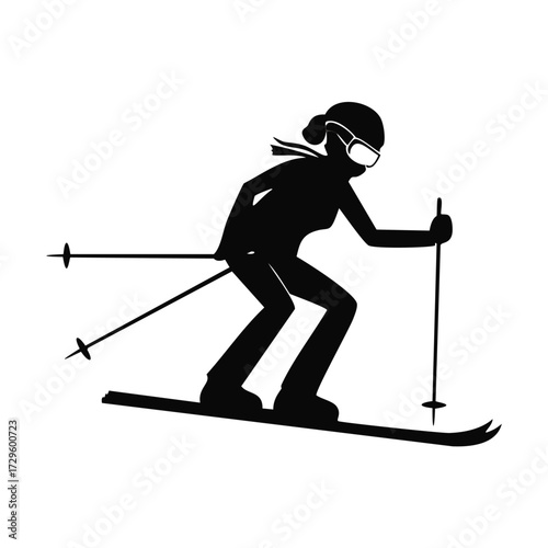 Black silhouette of a female skier with scarf Keywords: skier, skiing, winter, sport, recreation