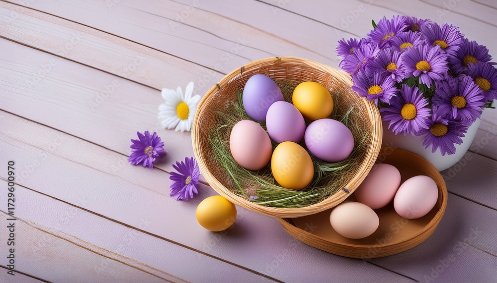 Obraz premium Easter Eggs In A Basket And Bowl With Purple Daisies