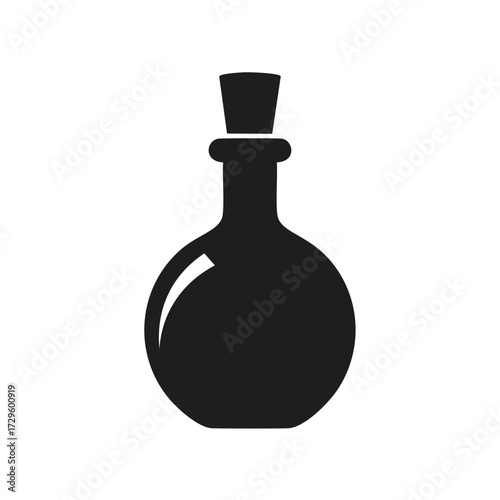 Black silhouette of a round flask with cork stopper Keywords: potion bottle, silhouette, black