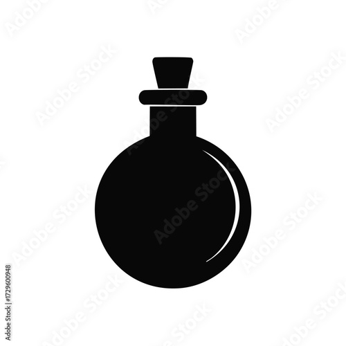Black silhouette of a round potion bottle with cork Keywords: potion bottle, silhouette, black