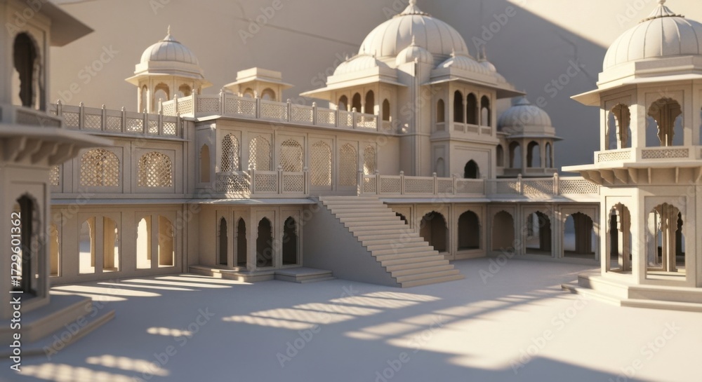 Fototapeta premium Elegant White Architectural Model of Traditional Indian Palace with Domes and Arches in Sunny Outdoor Setting