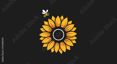 Sunflower and Bee Illustration on Dark Background.