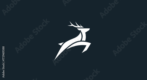 Elegant leaping deer logo design in white against dark background.