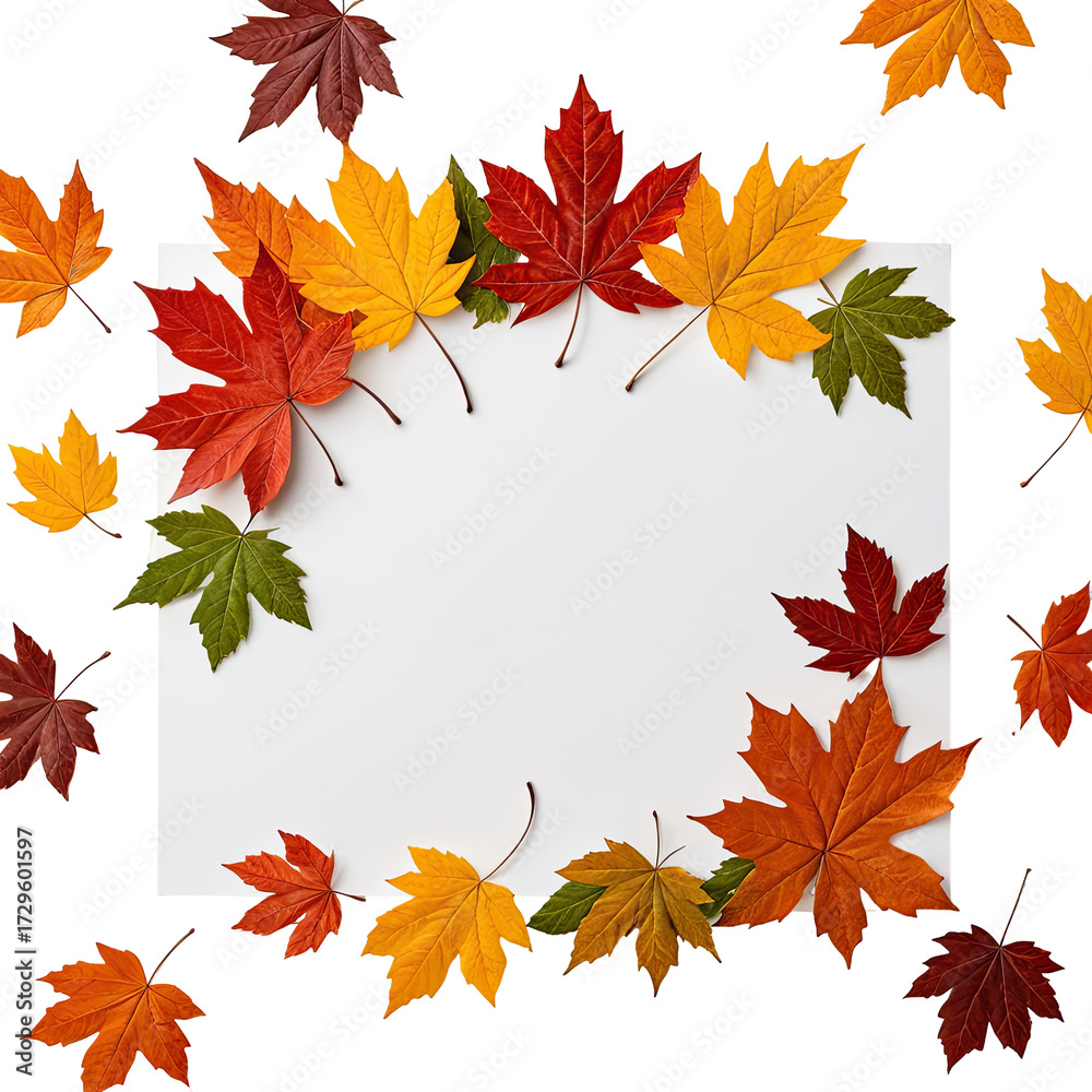 Fototapeta premium Colorful maple leaves frame a blank white square, autumn aesthetic