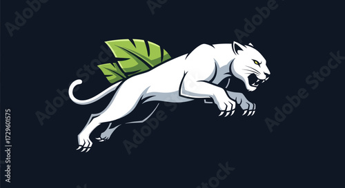 Leaping White Panther with Green Leaf.