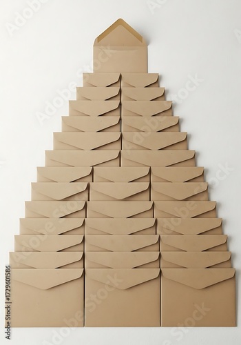 Cascade of kraft envelopes arranged as pyramid on white surface