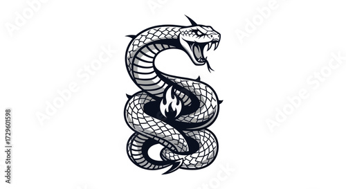 Stylized illustration of a coiled snake with fangs bared and intricate scales.