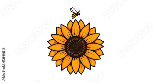 Vibrant yellow sunflower with a small honeybee flying above.