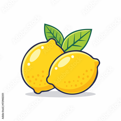 Two Ripe Yellow Lemons with Green Leaves and a White Background with Pixelated Style