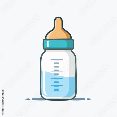 Illustrated Baby Bottle with Blue Liquid and Beige Nipple Isolated on White Background