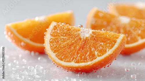 Macro Shot of Orange Slices with Water Droplets on Light Background