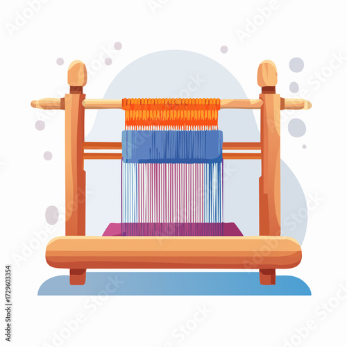 Wooden Weaving Loom With Colorful Threads Against A White Background Illustration