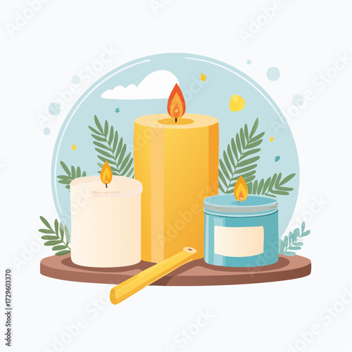 Burning Candles on Wooden Tray with Greenery Elements against Blue Background