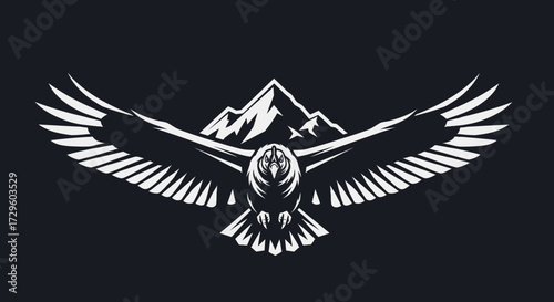 Stylized Eagle Flying High Above Majestic Mountain Peaks Emblem.