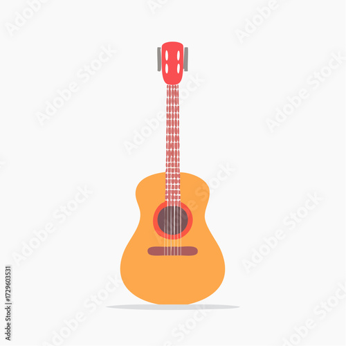 Flat Illustration Of An Acoustic Guitar With Orange Body Red Neck And White Background