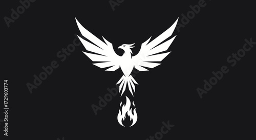 Mythical white phoenix bird of rebirth rising from flames.