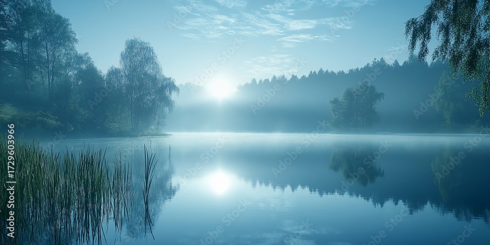 Fototapeta premium Misty sunrise over calm lake, trees reflected, serene nature scene